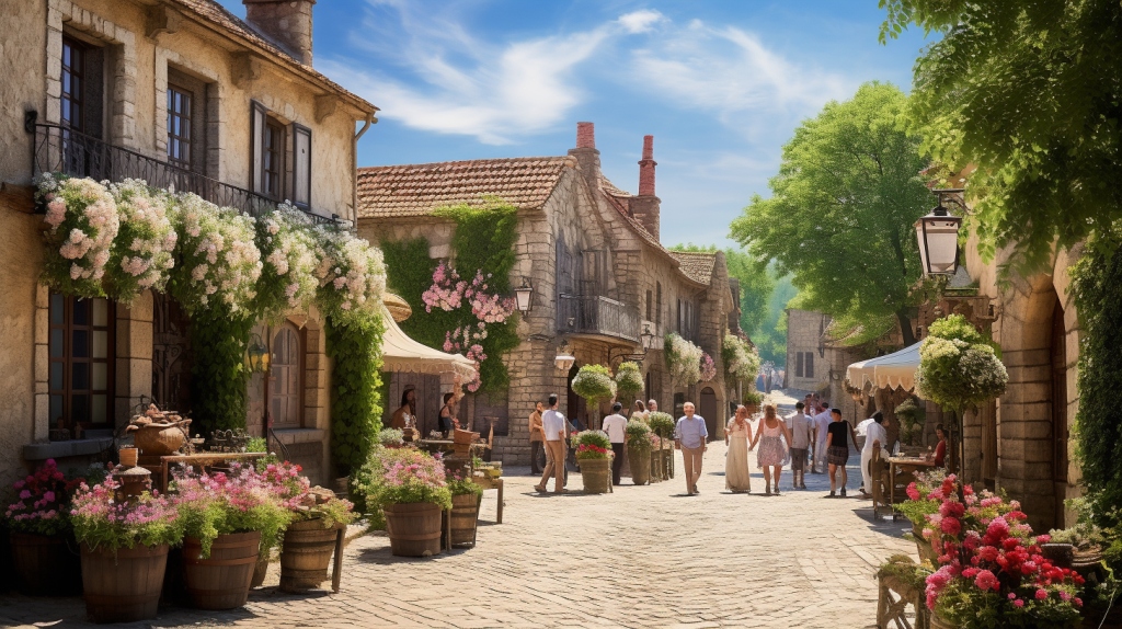 A Captivating Scene At Puy Du Fou A captivating scene at Puy du Fou, the renowned historical theme park in France. A group of visitors, dressed in period costumes, engage in animated conversations while strolling through the picturesque streets of the park's medieval village. The narrow cobblestone pathways are adorned with vibrant flowers, quaint shops, and charming cafes, creating a lively and immersive atmosphere. The warm sunlight filters through the ancient buildings, casting soft shadows on the bustling scene. Landscape Photography, captured with a wide-angle lens (24mm), enhancing the grandeur of the architecture and the authenticity of the experience