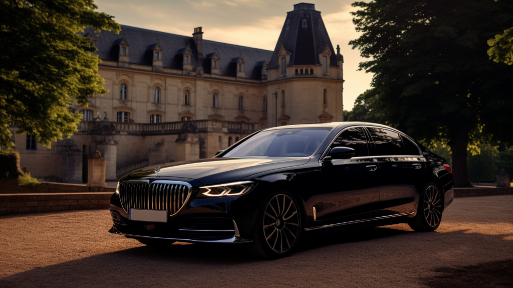 A Luxurious Private Car Parked In Front Of A Grand Parisian Hotel A luxurious private car parked in front of a grand Parisian hotel, ready to embark on a journey to Puy du Fou. The car is sleek and black, with tinted windows and polished exterior. The chauffeur stands by the car, dressed in a professional uniform, holding the passenger's luggage. The surroundings showcase the elegance of Paris, with ornate buildings, cobblestone streets, and a glimpse of the Eiffel Tower in the distance. The atmosphere is sophisticated and refined, highlighting the exclusivity and comfort of the private car service.