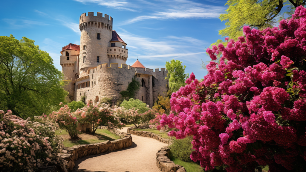 An Enchanting View Of The Puy Du Fou Castle An enchanting view of the Puy Du Fou castle, standing proudly amidst a lush green landscape, surrounded by blooming flowers and vibrant trees, clear blue sky above, capturing the grandeur and charm of this historical site