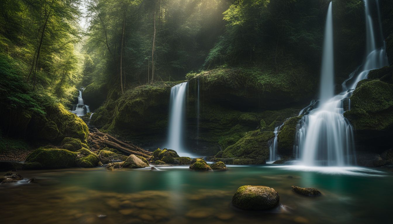 A Picturesque Waterfall In A Lush Forest, Captured In Stunning Detail By A Professional Photographer. A picturesque waterfall in a lush forest, captured in stunning detail by a professional photographer.