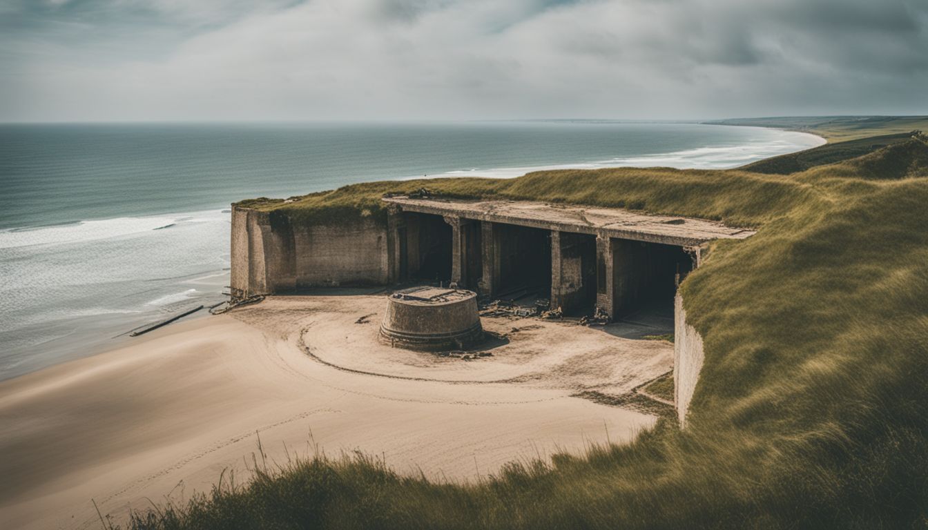 A Photo Of A Normandy Beach Bunker Overlooking The Ocean, Showing Various Faces, Hairstyles, And Outfits, Without Any Humans Present. A photo of a Normandy beach bunker overlooking the ocean, showing various faces, hairstyles, and outfits, without any humans present.