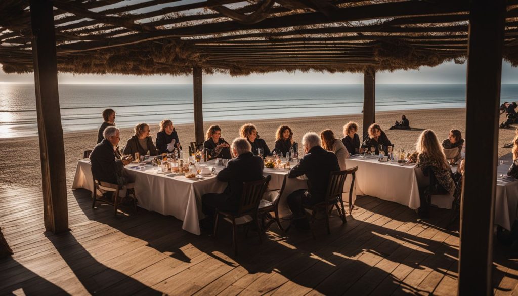 Discover The Best Normandy Tour From Paris: Unforgettable D-Day Experience 2 A photo of a sunset on Omaha Beach with a view of a cider tasting and lunch setup, without any humans in the scene.