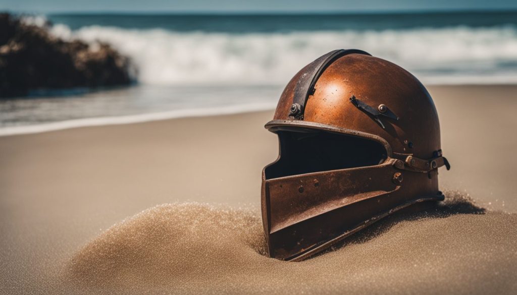 Discover The Best Normandy Tour From Paris: Unforgettable D-Day Experience 17 A rusted helmet lies on a sandy beach with crashing waves in the background, capturing a bustling and vibrant seascape.