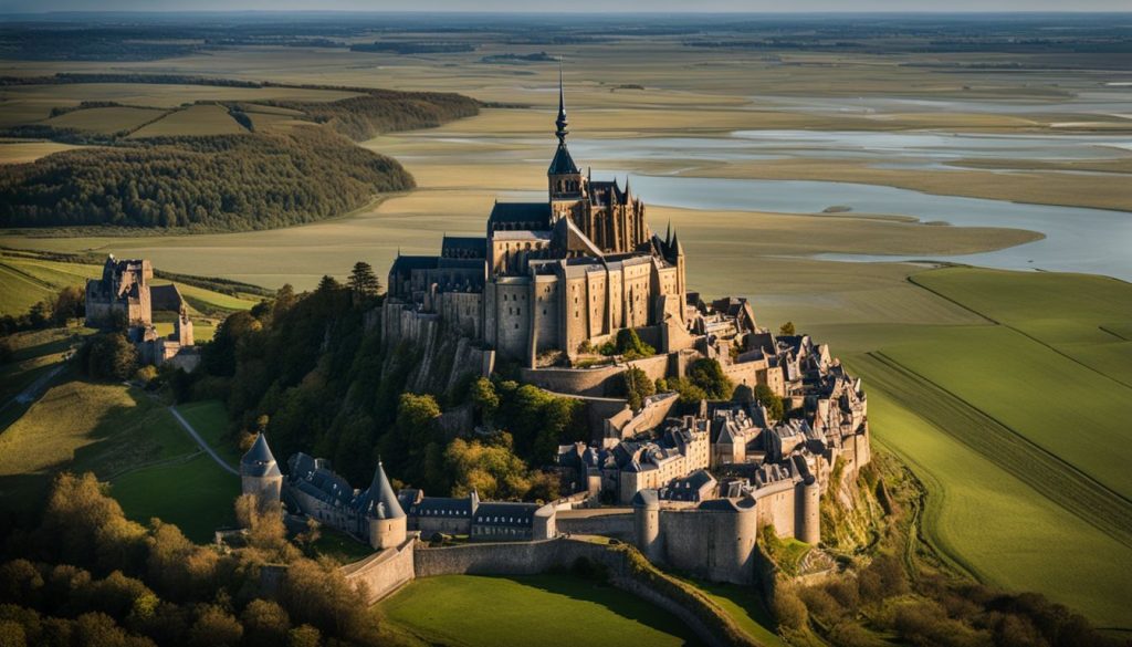 Discover The Best Normandy Tour From Paris: Unforgettable D-Day Experience 4 A photo of Mont Saint-Michel, surrounded by beautiful landscape, featuring diverse people, well-lit and in sharp focus.