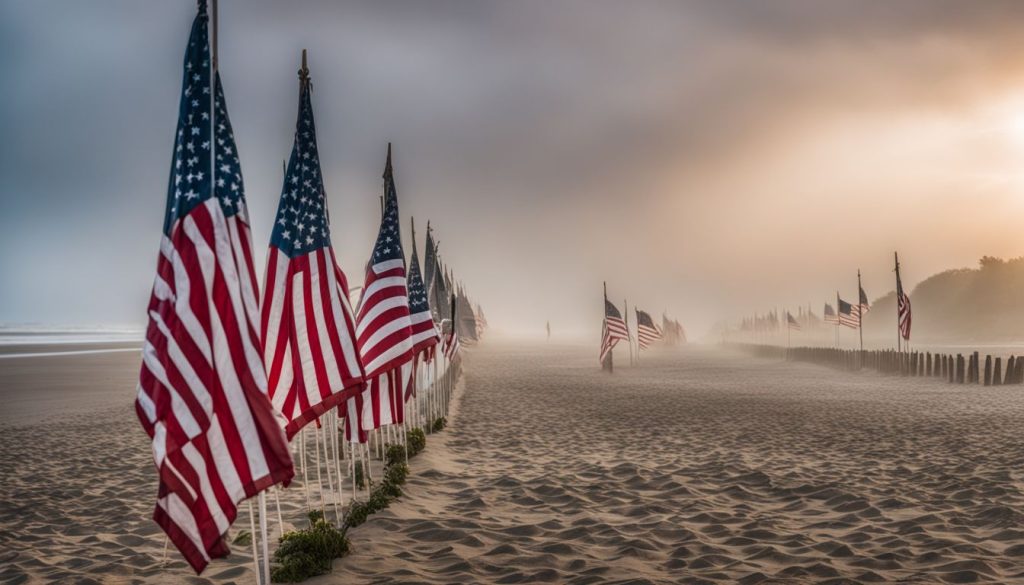 Discover The Best Normandy Tour From Paris: Unforgettable D-Day Experience 3 A solemn row of American flags against the misty backdrop of the Normandy D-Day Beaches, without any human presence.