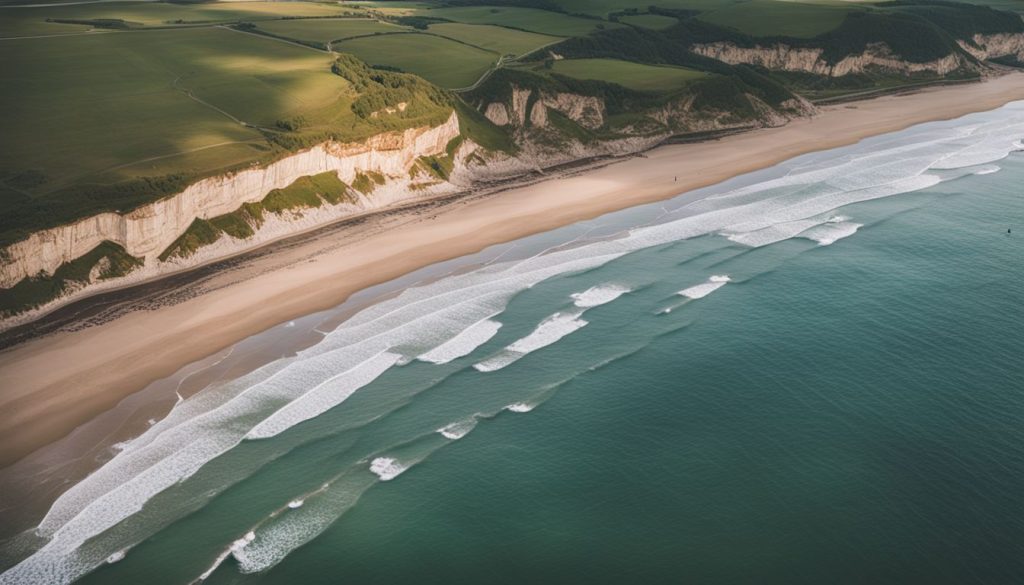 Discover The Best Normandy Tour From Paris: Unforgettable D-Day Experience 1 Aerial view of Omaha Beach, with cliffs and the sea, showcasing different faces, hair styles, and outfits.
