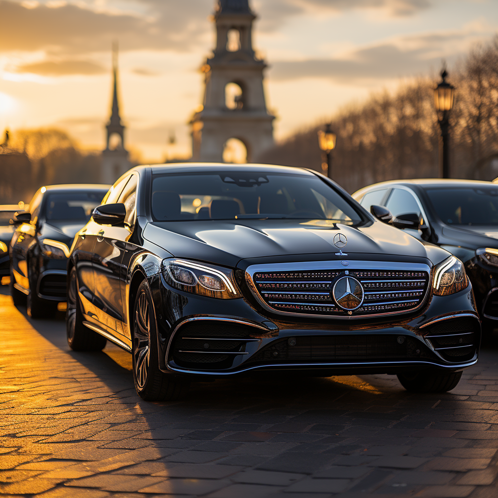 Paris Airport Transfers: Say Goodbye To Taxi Frustrations, Enjoy Vip Treatment! 20 Automotive Photography of a lineup of Mercedes E-Class sedans, luxurious S-Class Mercedes 2023 series, VIP Sprinter vans, powerful SUVs, and stately limousines parked in front of an iconic Parisian airport. The vehicles exude opulence, their sleek curves and polished finishes glinting in the sunlight. Against the backdrop of the landmark, the scene captures a sense of prestige and modernity.