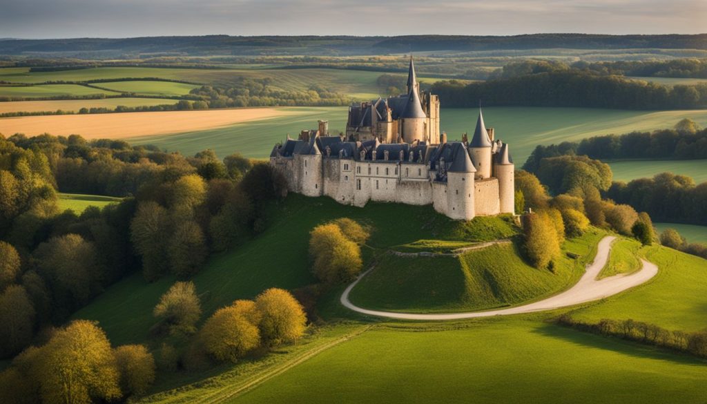Discover The Best Normandy Tour From Paris: Unforgettable D-Day Experience 18 A panoramic view of the Normandy countryside with a castle in the distance, featuring diverse landscapes and no people.