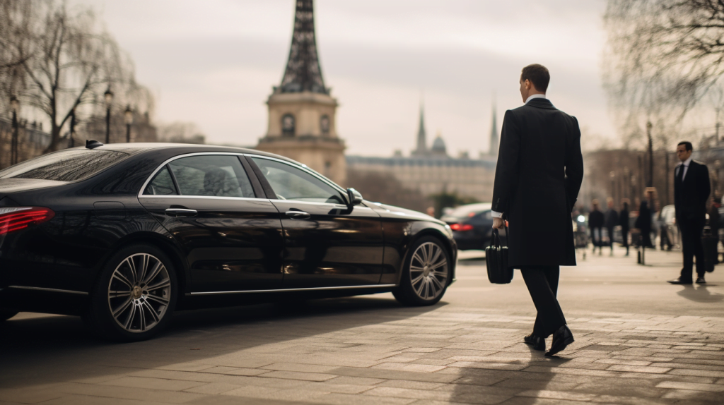 Personalized Chauffeur Service By The Hour In Paris 7 A luxurious chauffeur service by the hour in Paris, a professional chauffeur in a tailored suit opening the door of a sleek black limousine for a distinguished passenger, the Eiffel Tower in the background, capturing the elegance and sophistication of the service