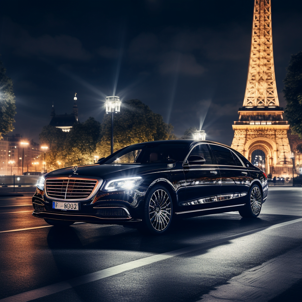 Personalized Chauffeur Service By The Hour In Paris 23 A businessman is getting into a luxury car with the Eiffel Tower in the background, surrounded by a bustling cityscape.