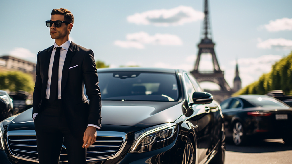 Personalized Chauffeur Service By The Hour In Paris 21 "A stylish woman with a confident expression in a sleek black car, showcasing different faces, hair styles, and outfits.