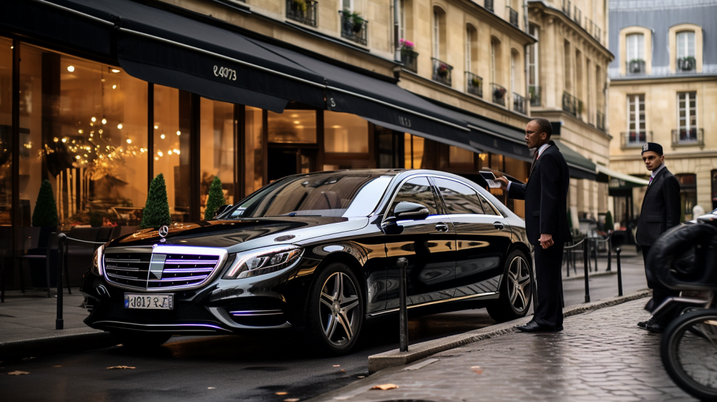 Personalized Chauffeur Service By The Hour In Paris 8 A personalized chauffeur service in Paris, showing a well-dressed chauffeur opening the door of a luxurious car for a client in front of a charming Parisian cafe. The scene is filled with the vibrant energy of the city, bustling streets, and stylish Parisians passing by, creating a sense of exclusivity and convenience