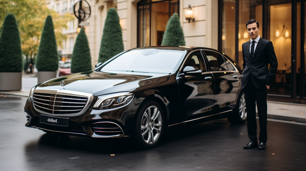 Personalized Chauffeur Service By The Hour In Paris 22 A caucasian businessman in a luxury car surrounded by modern city buildings in a bustling atmosphere.