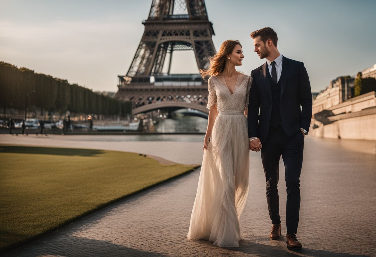 A Couple Posing In Front Of The Eiffel Tower In Different Outfits, With A Bustling Cityscape In The Background. A couple posing in front of the Eiffel Tower in different outfits, with a bustling cityscape in the background.
