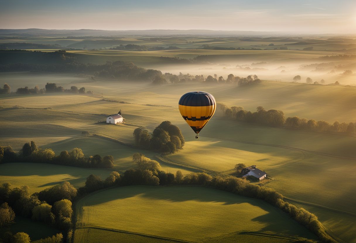 A Hot Air Balloon Hovers Over The Countryside, Capturing A Variety Of Faces, Hair Styles, And Outfits In A Bustling Atmosphere. A hot air balloon hovers over the countryside, capturing a variety of faces, hair styles, and outfits in a bustling atmosphere.