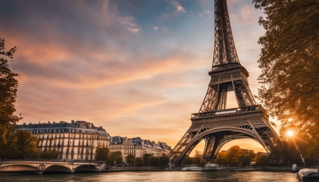 Personalized Chauffeur Service By The Hour In Paris 9 A stunning photo of the Eiffel Tower at sunset, surrounded by the beautiful architecture of Paris, with a diverse crowd of people