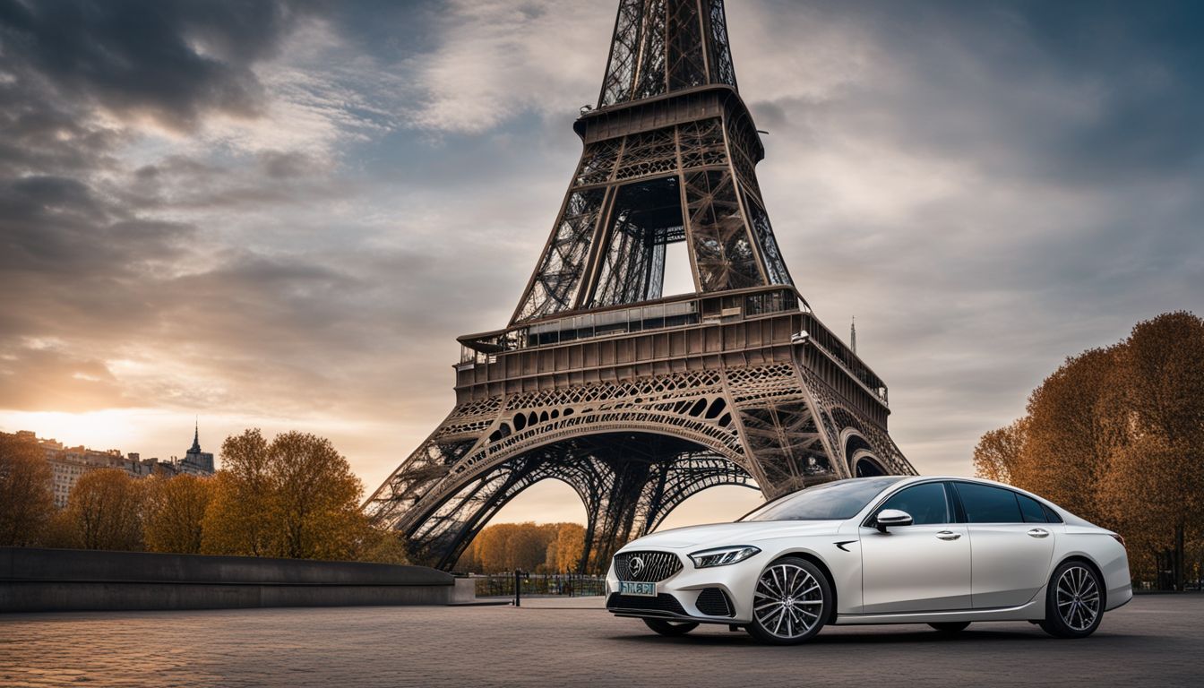 An Elegant Luxury Car Parked In Front Of The Eiffel Tower, Surrounded By Diverse People And A Bustling Cityscape. An elegant luxury car parked in front of the Eiffel Tower, surrounded by diverse people and a bustling cityscape.