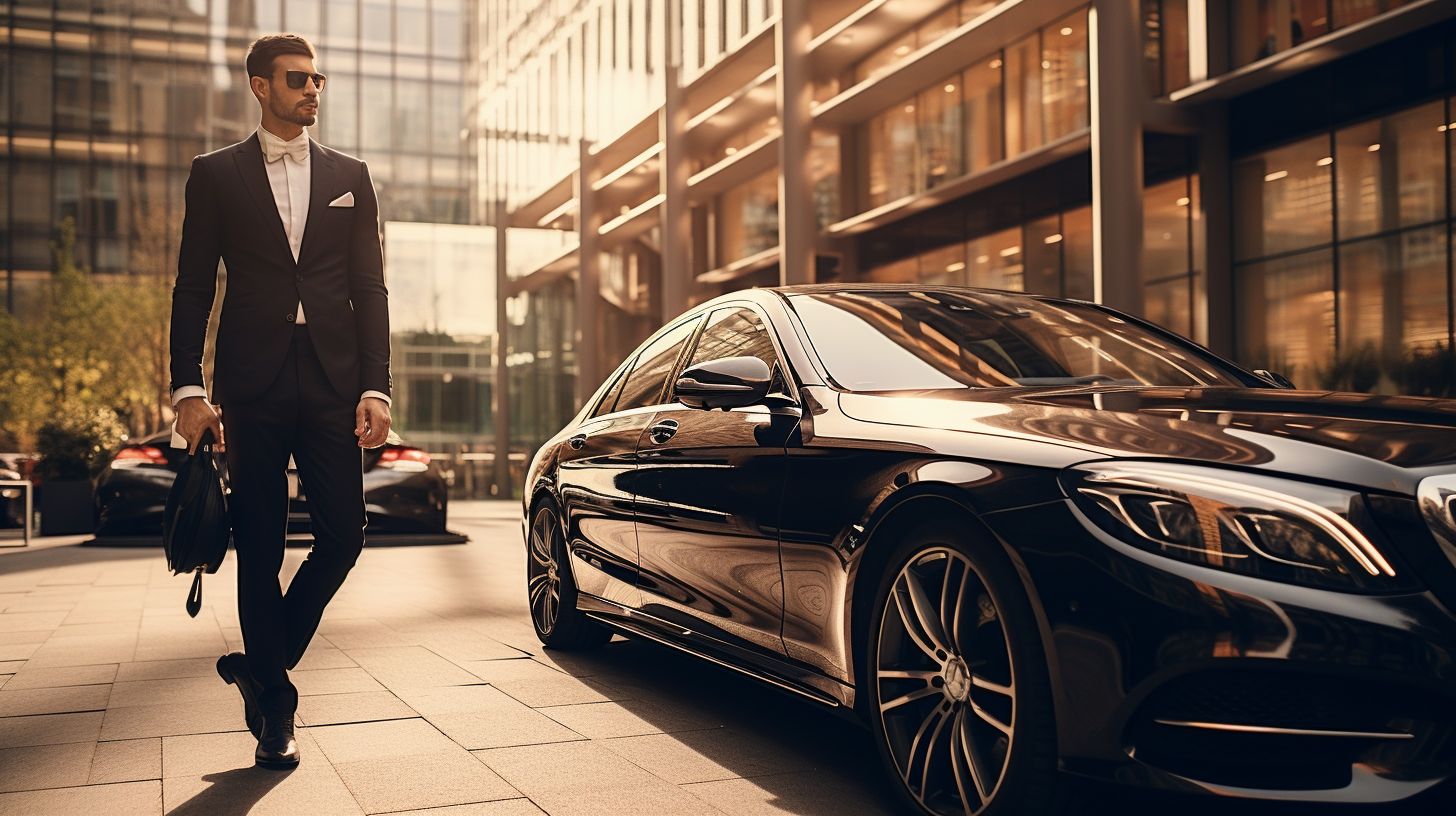 A Fancy Car With A Chauffeur Parked In Front Of A Luxurious Hotel In A City. A fancy car with a chauffeur parked in front of a luxurious hotel in a city.