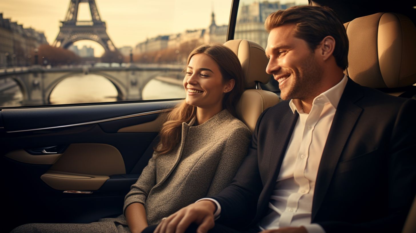 A Happy Couple In A Luxury Car Enjoying A Chauffeur Service With The Paris Cityscape In The Background. A happy couple in a luxury car enjoying a chauffeur service with the Paris cityscape in the background.