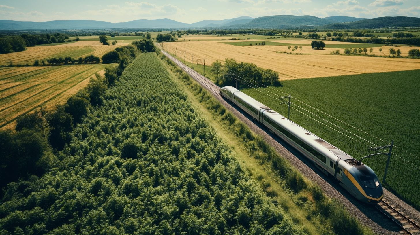 A Drone Captures An Aerial View Of A Speeding Train Moving Through Scenic Countryside. A drone captures an aerial view of a speeding train moving through scenic countryside.