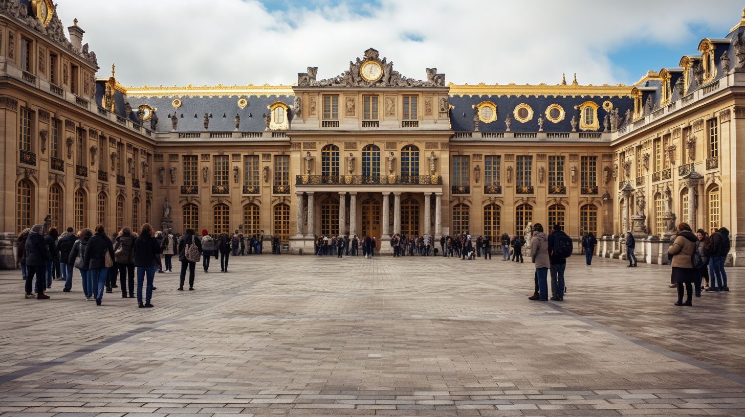 A Group Of Tourists Walking Through The Grand Entrance Of Versailles Palace, Captured With A Wide-Angle Lens. A group of tourists walking through the grand entrance of Versailles Palace, captured with a wide-angle lens.