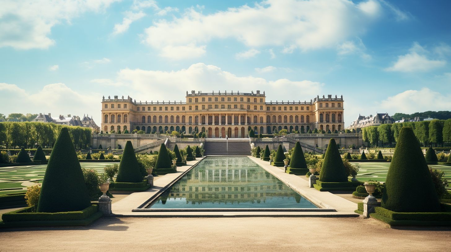 A Beautiful View Of The Palace Of Versailles From A Distance, Captured With A Wide-Angle Lens. A beautiful view of the Palace of Versailles from a distance, captured with a wide-angle lens.