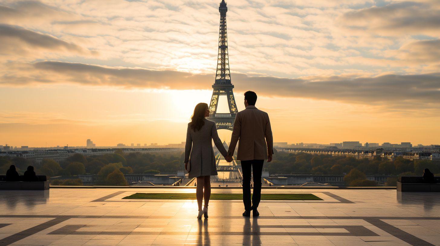 A Caucasian Couple Standing In Front Of The Eiffel Tower, Captured With A Wide-Angle Lens In Natural Color. A Caucasian couple standing in front of the Eiffel Tower, captured with a wide-angle lens in natural color.