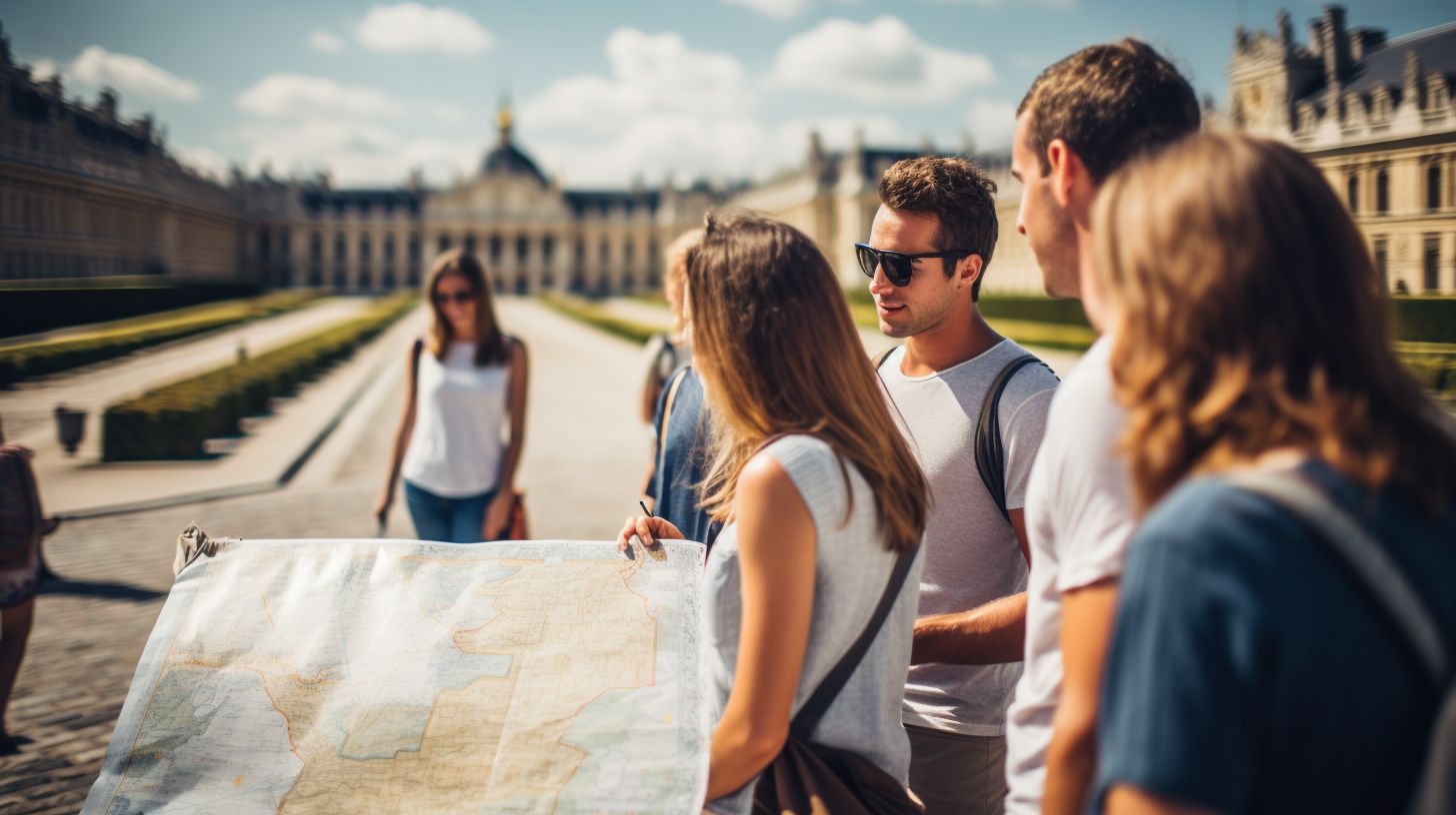 A Group Of Tourists, Mainly Caucasian, Are Looking At A Map Of Versailles In A Cityscape Photography. A group of tourists, mainly Caucasian, are looking at a map of Versailles in a cityscape photography.