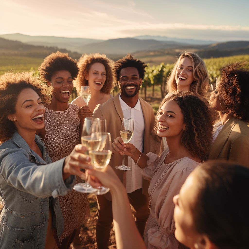 A Group Of Friends Raise Their Champagne Glasses In A Toast At A Picturesque Vineyard. A group of friends raise their champagne glasses in a toast at a picturesque vineyard.