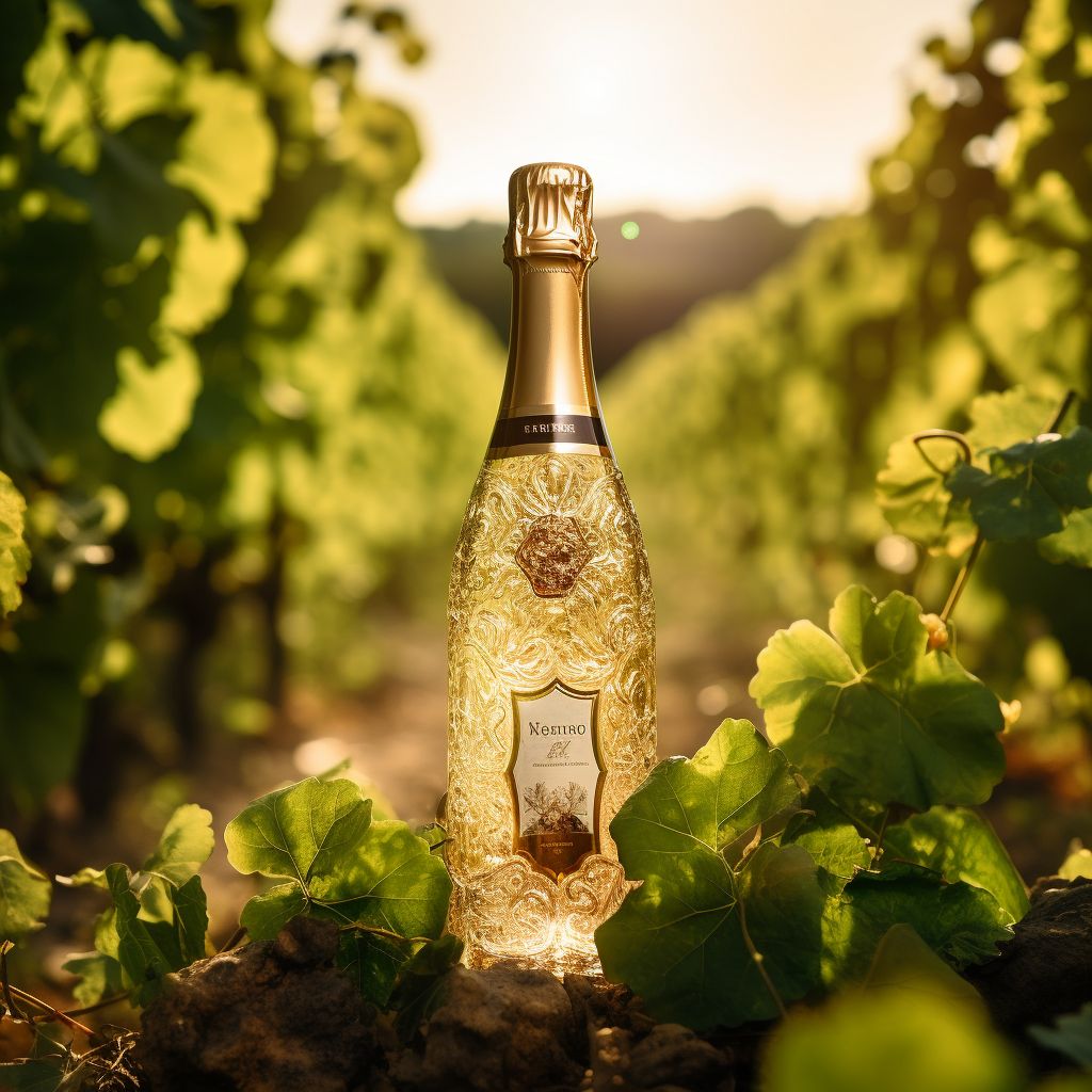 An Elegant Champagne Bottle In A Picturesque Vineyard, Captured With A Macro Lens To Highlight Intricate Details. An elegant champagne bottle in a picturesque vineyard, captured with a macro lens to highlight intricate details.