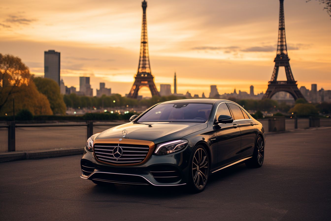 A Limousine Parked In Front Of The Eiffel Tower During A Vibrant Sunset In Paris. A limousine parked in front of the Eiffel Tower during a vibrant sunset in Paris.