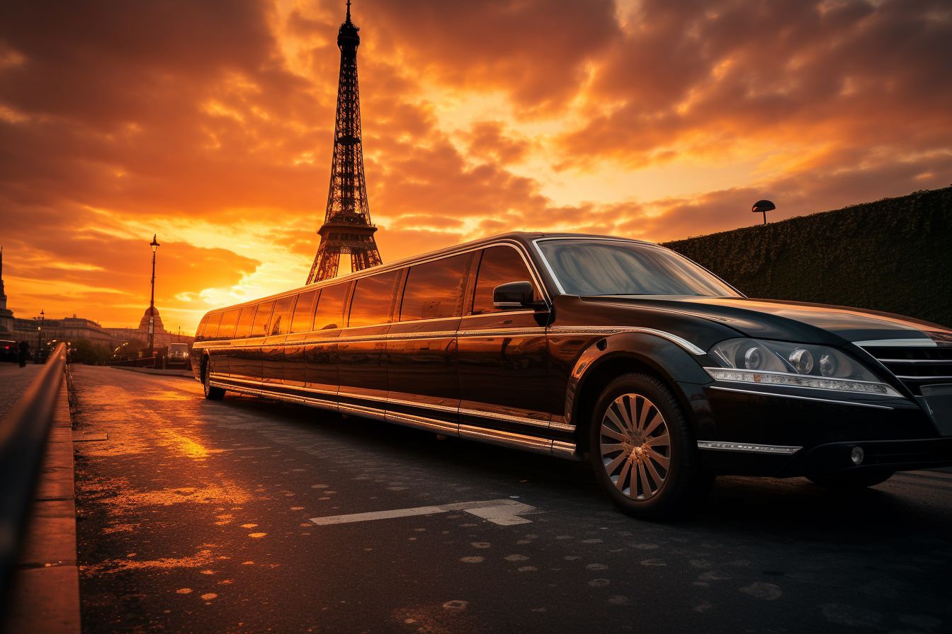 A Limousine Parked In Front Of The Eiffel Tower During A Vibrant Sunset In Paris. A limousine parked in front of the Eiffel Tower during a vibrant sunset in Paris.