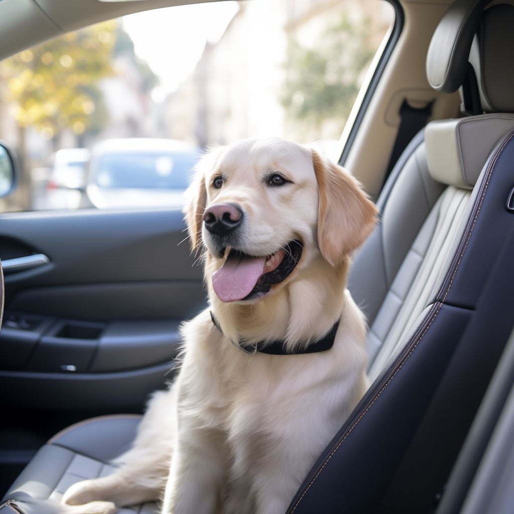 A Content Dog Sits Happily In The Backseat Of A Luxurious Private Car. A content dog sits happily in the backseat of a luxurious private car.
