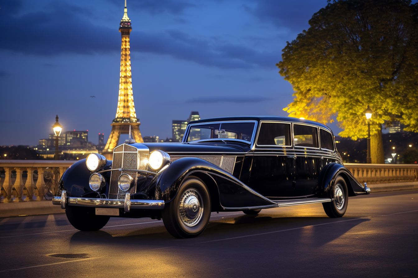 A Limousine Is Parked In Front Of The Eiffel Tower At Dusk, Highlighting Its Grandeur. A limousine is parked in front of the Eiffel Tower at dusk, highlighting its grandeur.