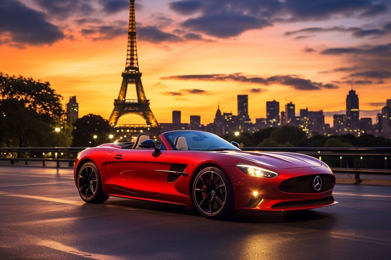 A Limousine Is Parked In Front Of The Eiffel Tower At Dusk, Highlighting Its Grandeur. A limousine is parked in front of the Eiffel Tower at dusk, highlighting its grandeur.