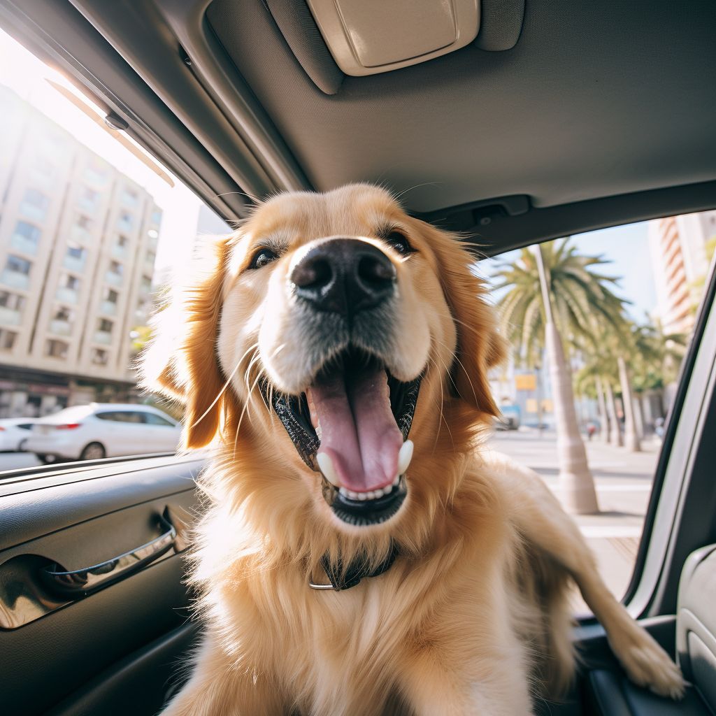 A Joyful Dog Sits In The Backseat Of A Luxurious Car, Gazing Out The Window. A joyful dog sits in the backseat of a luxurious car, gazing out the window.