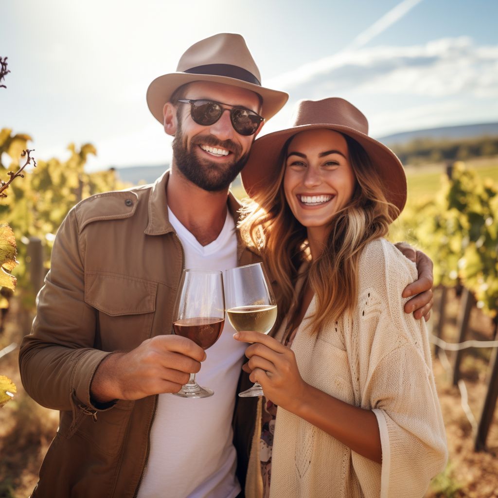A Cheerful Couple Celebrates With Champagne In A Beautiful Vineyard During The Harvest Season. A cheerful couple celebrates with champagne in a beautiful vineyard during the harvest season.