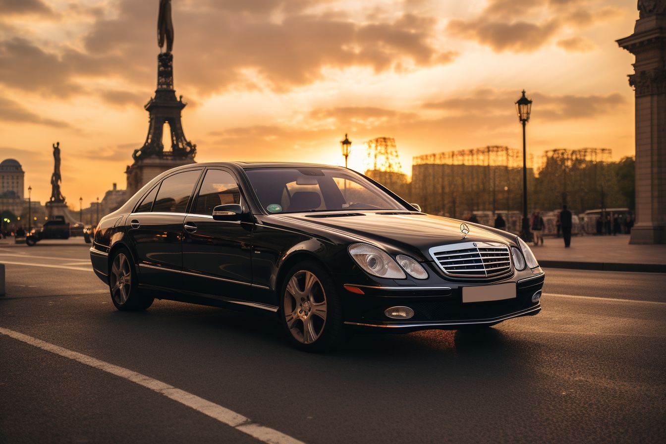 A Black Mercedes Limousine Parked In Front Of The Eiffel Tower At Sunset. A black Mercedes limousine parked in front of the Eiffel Tower at sunset.