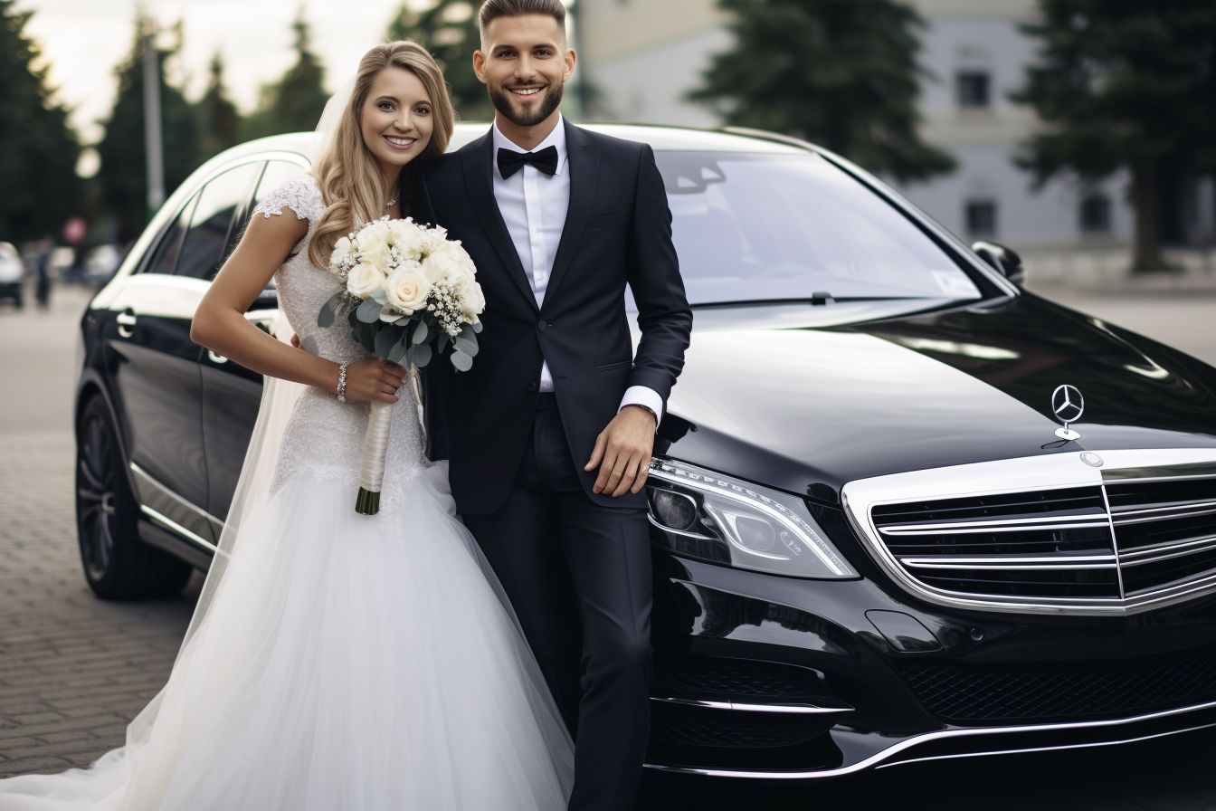 A Glamorous Wedding Couple Posing In Front Of A Black Limousine. A glamorous wedding couple posing in front of a black limousine.