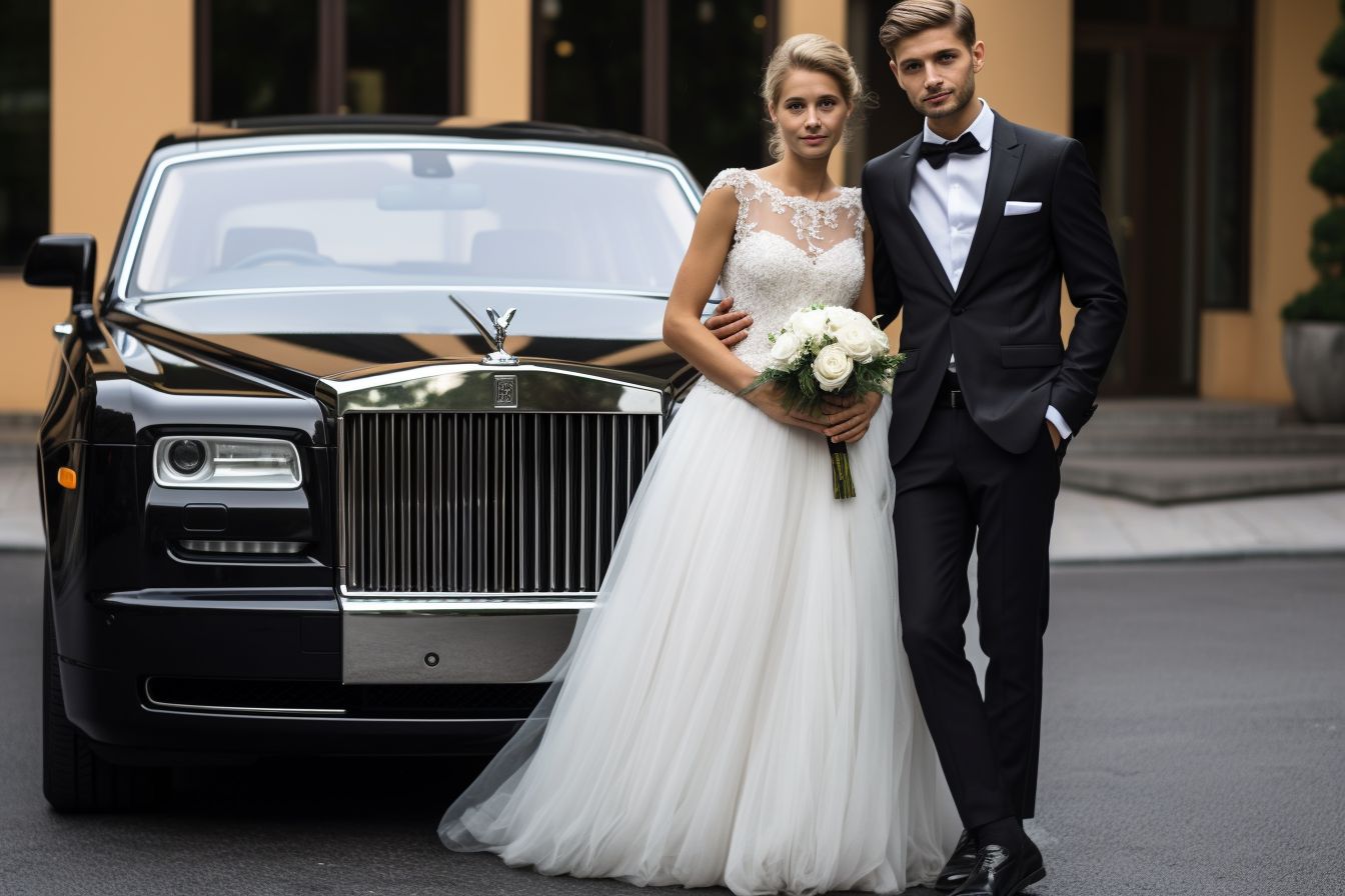 A Glamorous Wedding Couple Posing In Front Of A Black Limousine. A glamorous wedding couple posing in front of a black limousine.