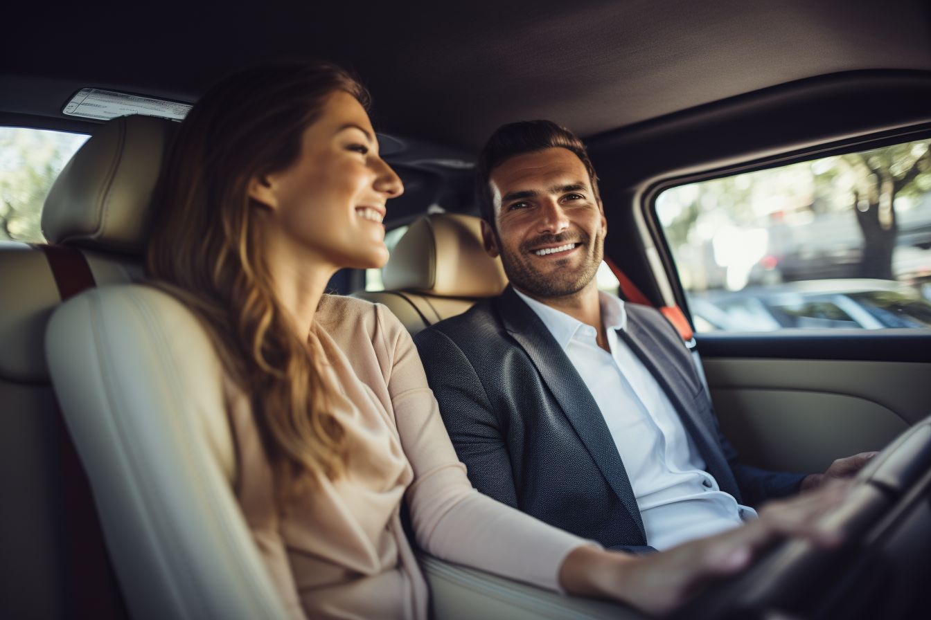 A Happy Couple Sitting In A Luxurious Car With A Chauffeur. A happy couple sitting in a luxurious car with a chauffeur.