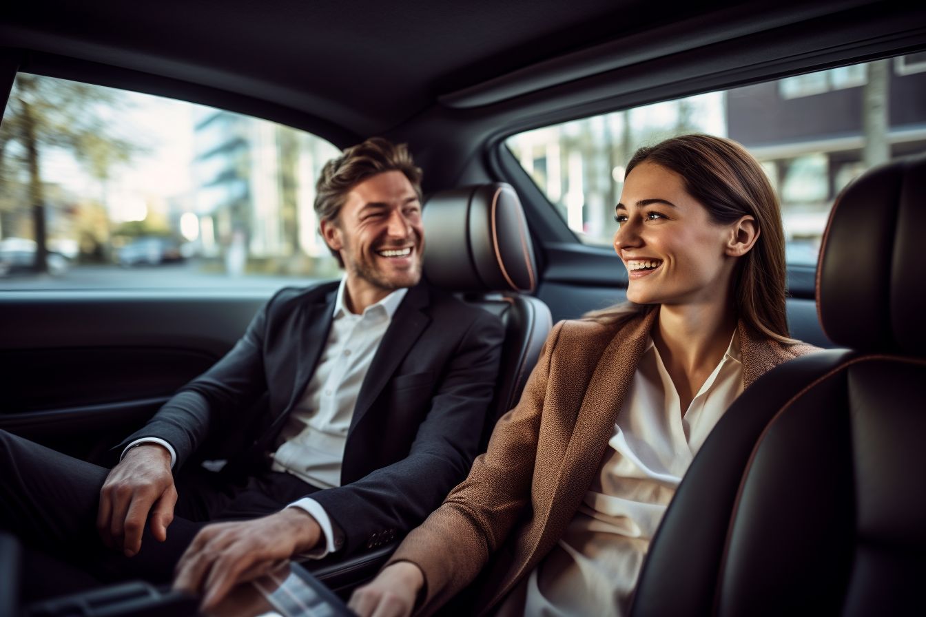 A Happy Couple Sitting In A Luxurious Car With A Chauffeur. A happy couple sitting in a luxurious car with a chauffeur.