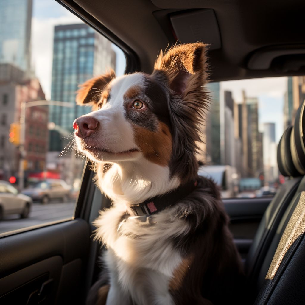 A Dog In A Pet Taxi Enjoys The View Of The City Through A Dslr Camera. A dog in a pet taxi enjoys the view of the city through a DSLR camera.