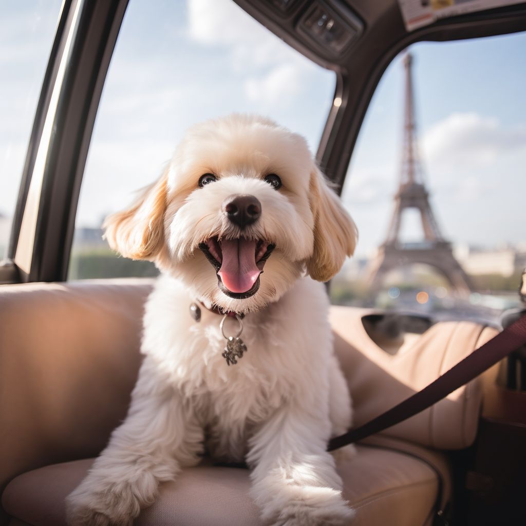 A Content Pet Enjoys A Luxurious Ride With The Eiffel Tower As The Backdrop. A content pet enjoys a luxurious ride with the Eiffel Tower as the backdrop.