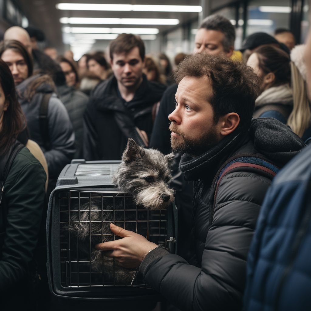A Pet Owner Struggling With A Stressed Dog In A Crowded Train Station. A pet owner struggling with a stressed dog in a crowded train station.