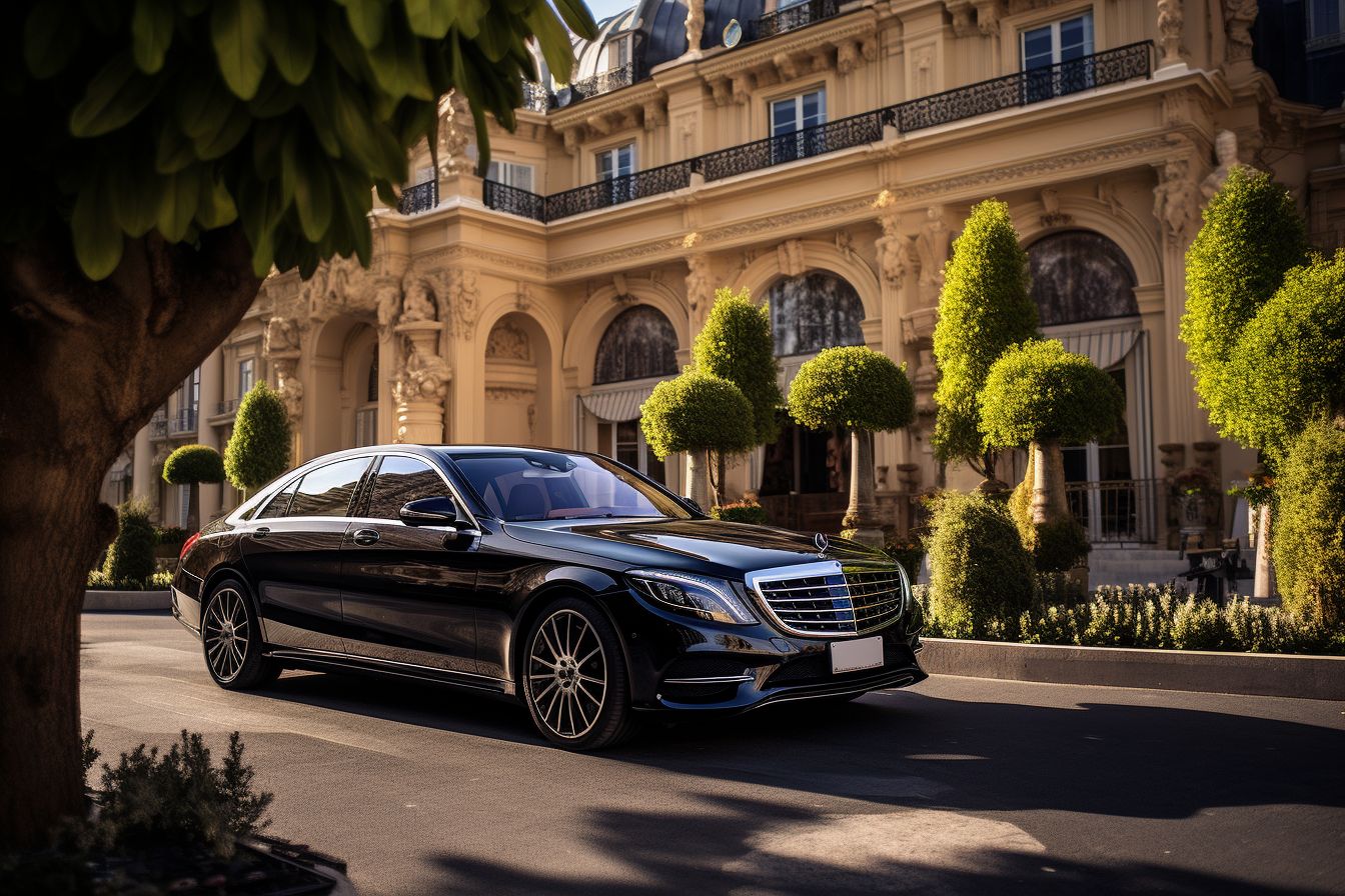 A Luxurious Mercedes-Benz S-Class Is Parked In Front Of An Extravagant Hotel. A luxurious Mercedes-Benz S-Class is parked in front of an extravagant hotel.