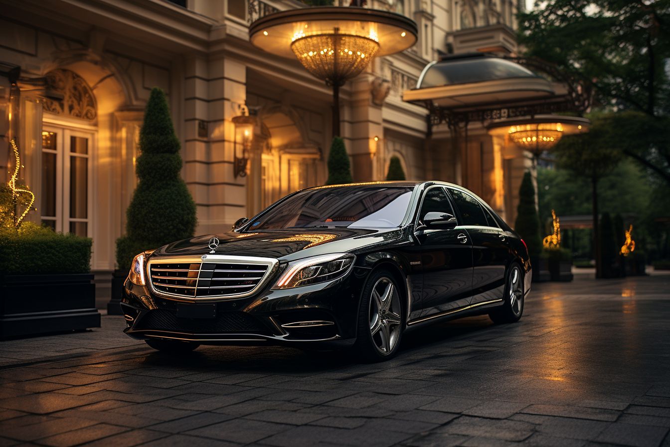 A Luxurious Mercedes-Benz S-Class Is Parked In Front Of An Extravagant Hotel. A luxurious Mercedes-Benz S-Class is parked in front of an extravagant hotel.