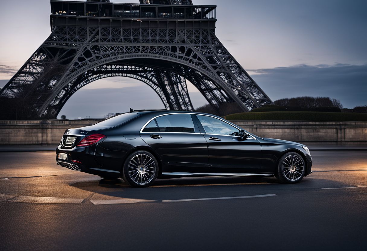 A Mercedes-Benz S-Class Is Parked In Front Of The Eiffel Tower At Night Amidst A Bustling Cityscape. A Mercedes-Benz S-Class is parked in front of the Eiffel Tower at night amidst a bustling cityscape.