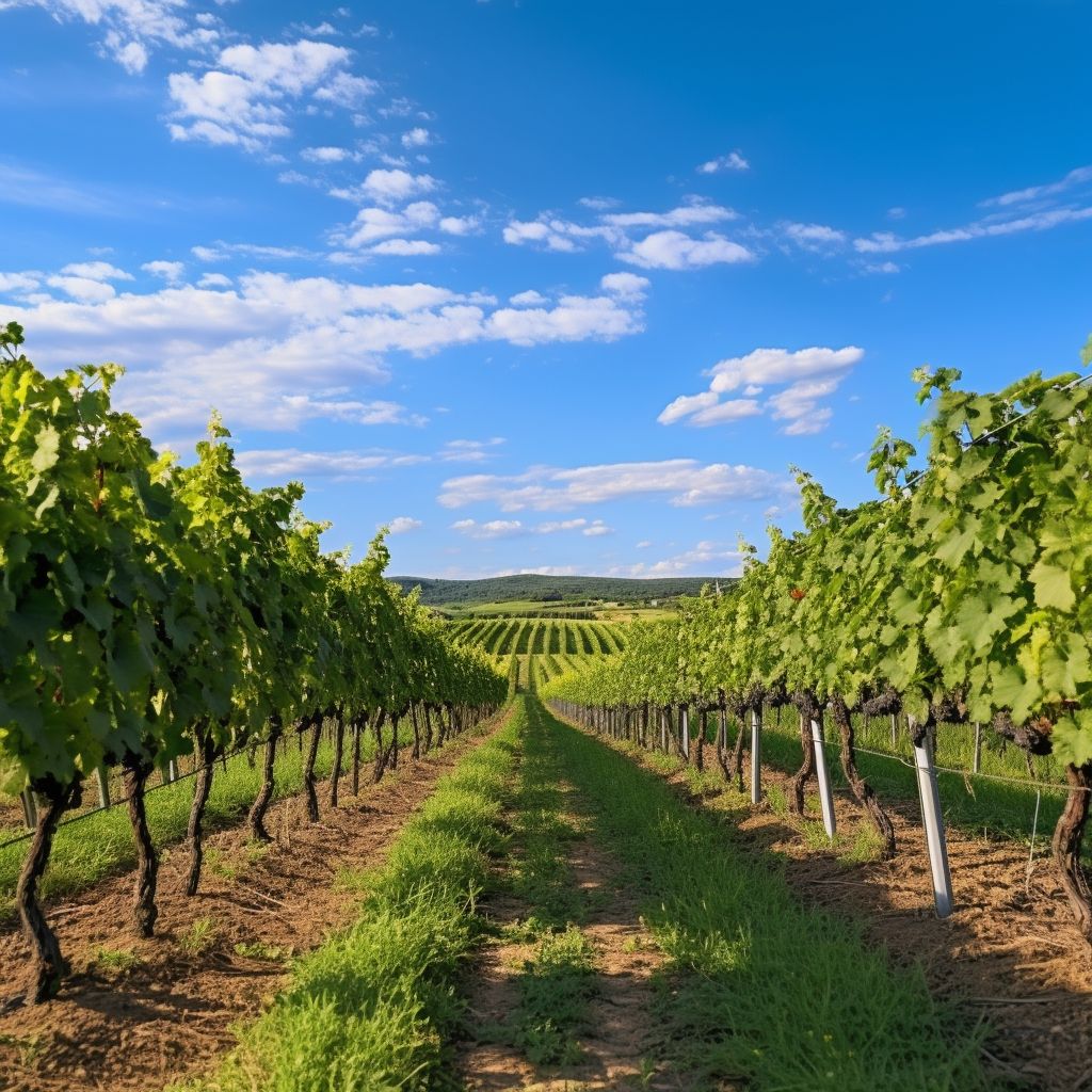 A Beautiful Vineyard Landscape With Rows Of Green Vines Stretching Into The Distance. A beautiful vineyard landscape with rows of green vines stretching into the distance.