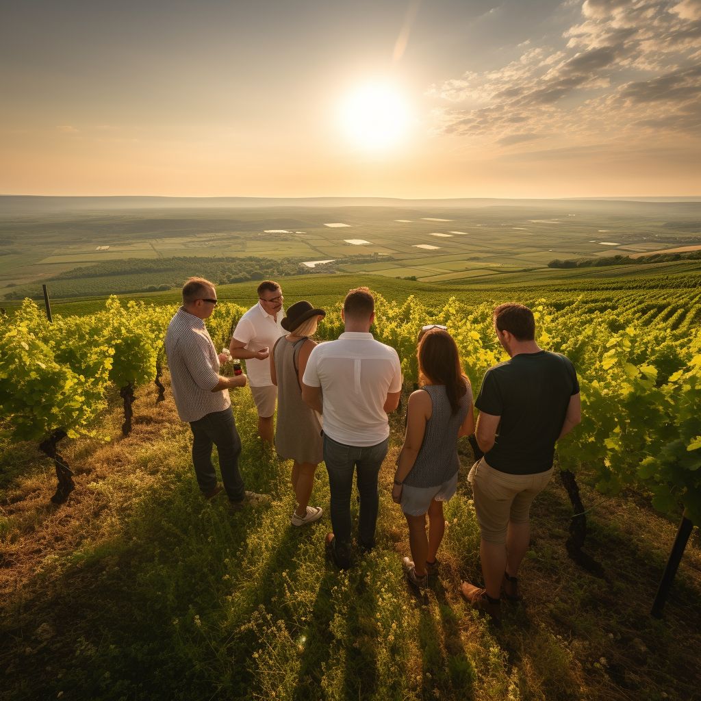 A Group Of Tourists Enjoying A Champagne Tasting Experience At A Picturesque Vineyard. A group of tourists enjoying a champagne tasting experience at a picturesque vineyard.